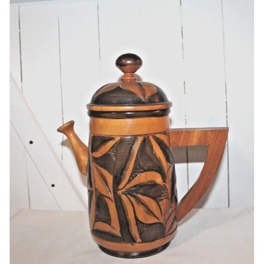 Vintage Polynesian Wooden Pitcher Hand Carved with Lid, Beautifully Crafted.